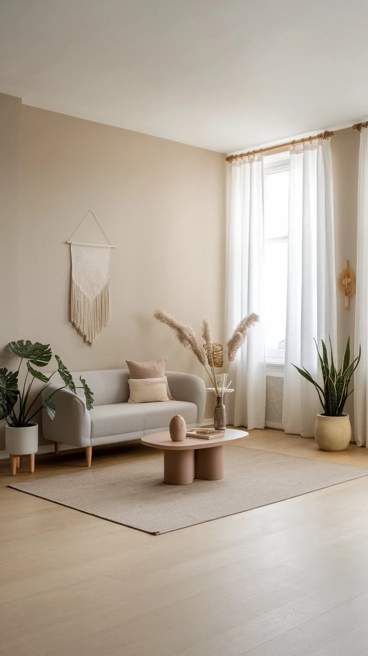Light wood floors and a large window brighten a sparsely furnished yet stylish living space.