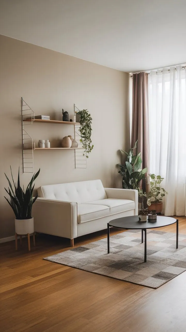 This one-bedroom apartment embodies understated elegance with its curated decor, warm wooden floors, and a large window that invites tranquility.