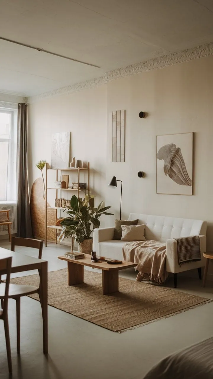 This one-bedroom apartment, adorned with neutral tones and organic textures, exudes tranquility and reflects the inhabitant's refined taste through its thoughtfully curated furniture and artwork.