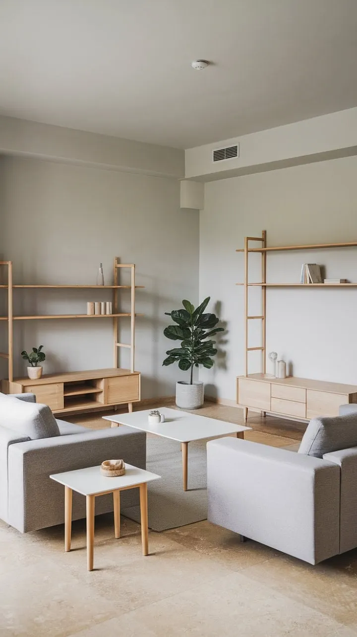 This minimalist apartment exudes effortless chic with its light, airy design and a serene blend of gray, white, and wood textures.