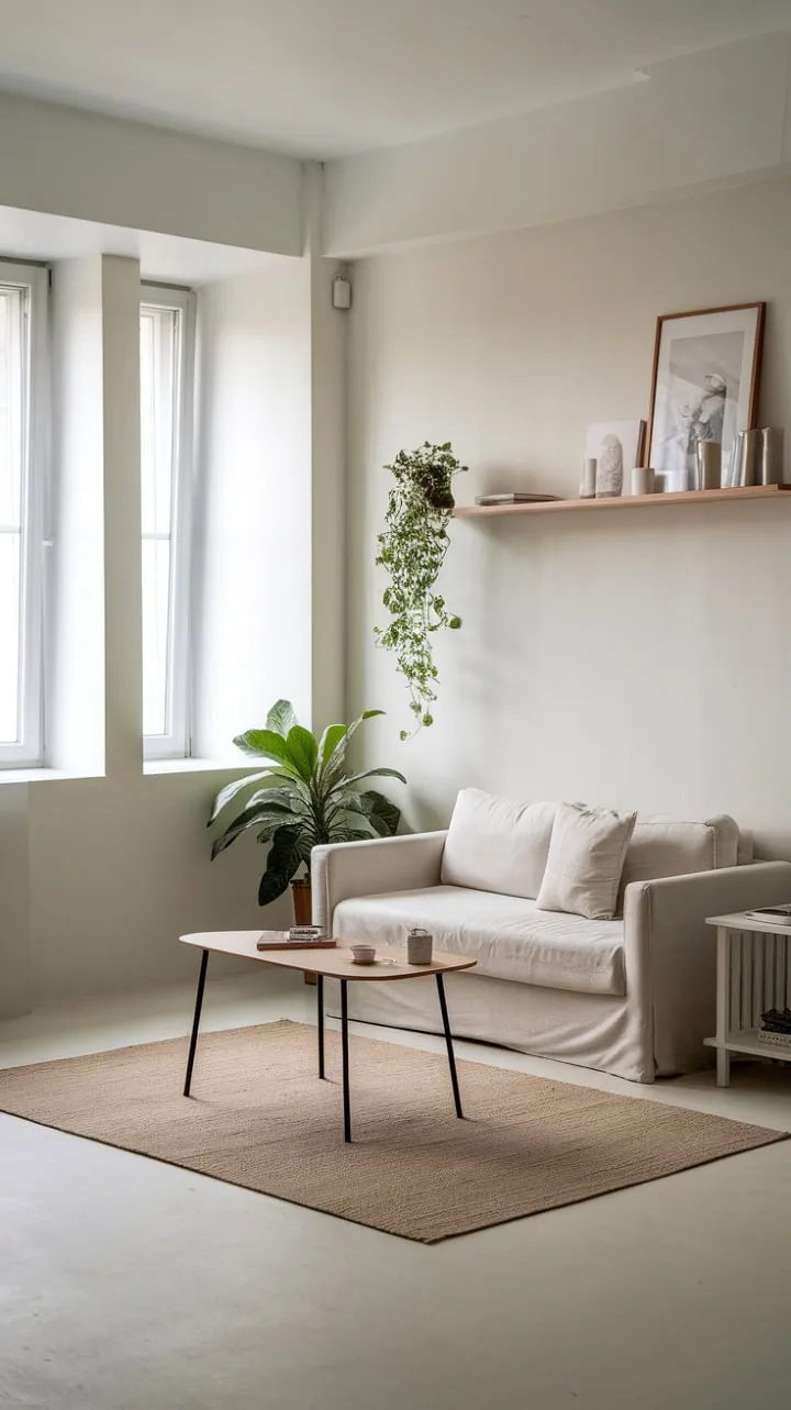 Bathed in sunlight, this minimalist one-bedroom apartment exudes calm elegance with its neutral palette and a vibrant plant, offering a serene sanctuary for intentional living.