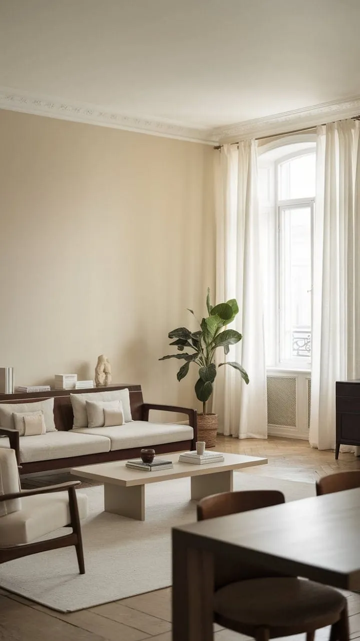 This serene one-bedroom apartment harmoniously blends neutral tones, natural light, and dark wood accents with curated plants and decor, creating a tranquil retreat for relaxation and connection.