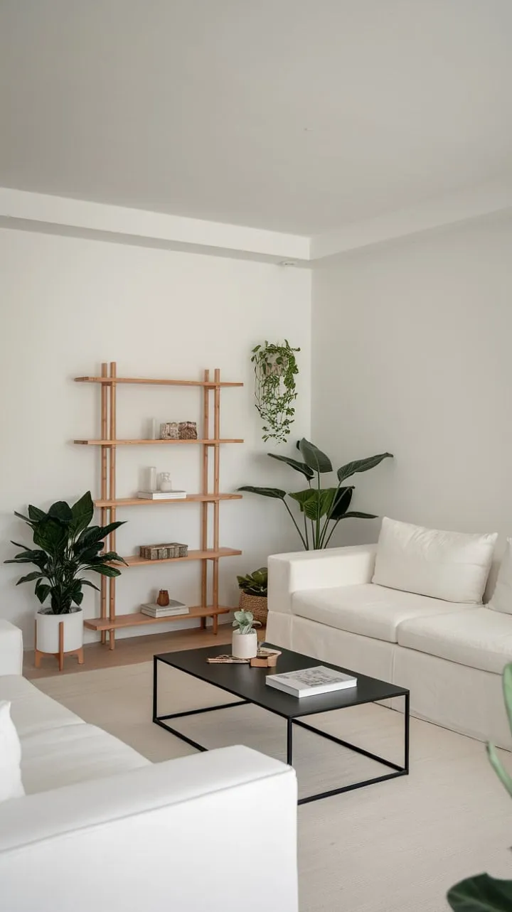 A serene minimalist retreat, drenched in natural light, where a white sofa and black coffee table harmonize with curated wooden accents to inspire tranquility and reflection.