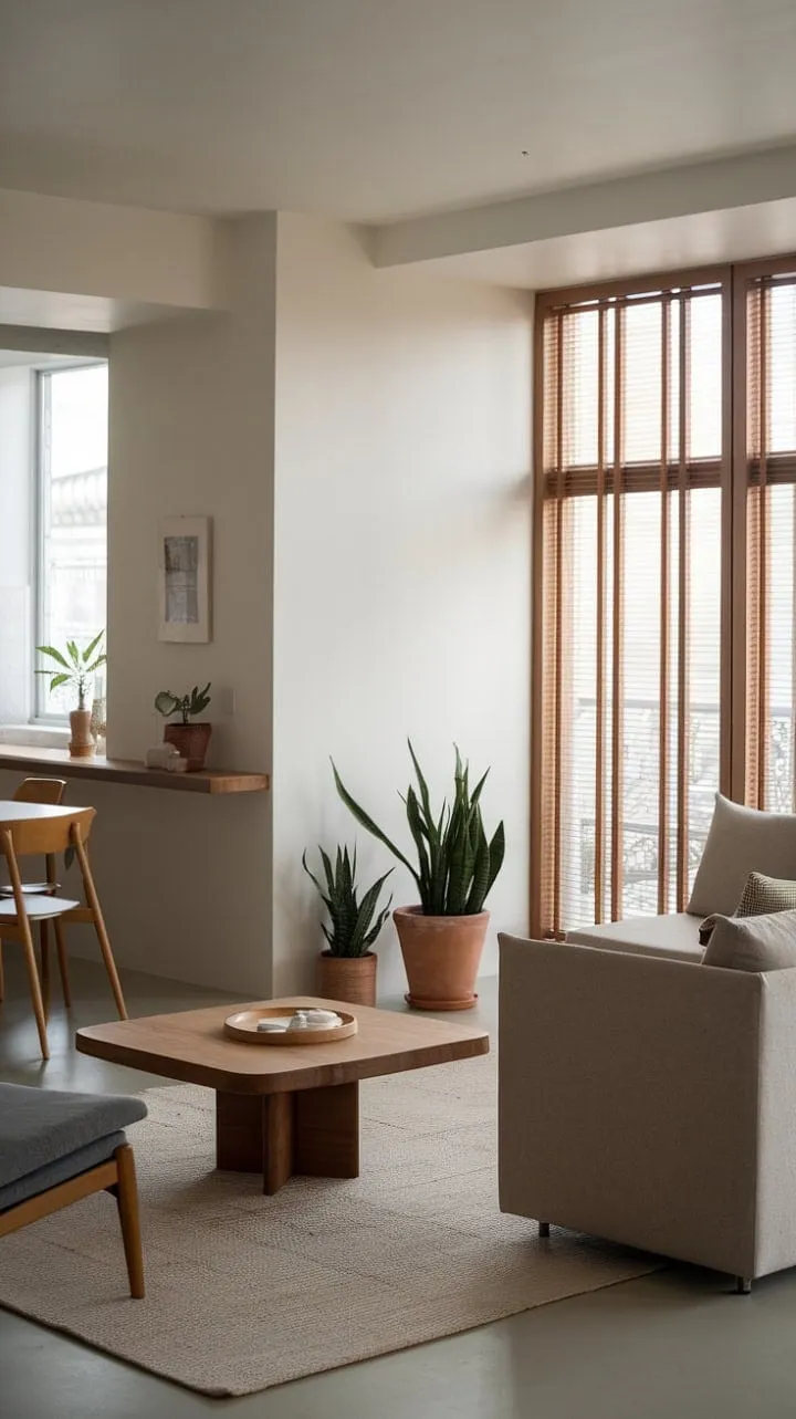 This serene one-bedroom apartment harmoniously blends organic modern design with minimalist charm, creating a warm and spacious retreat that celebrates simplicity.