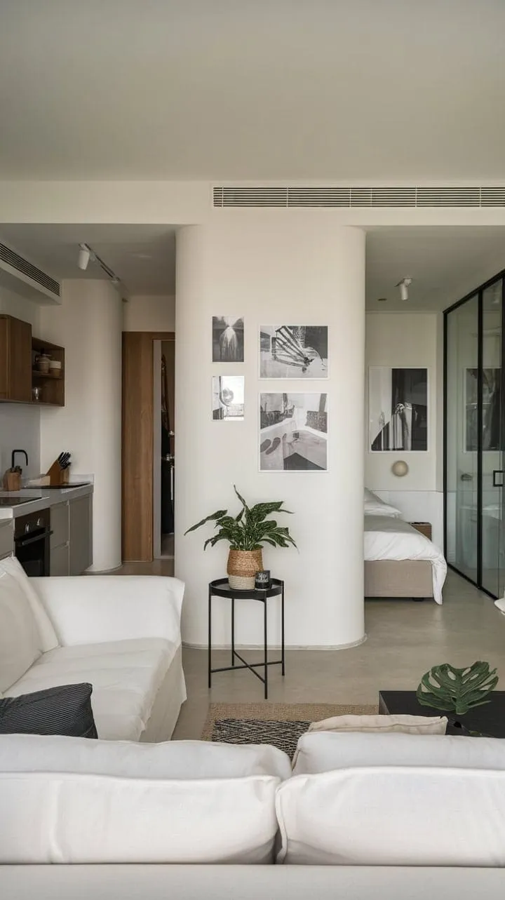 This minimalist one-bedroom apartment harmoniously combines modern design and organic touches, creating a serene sanctuary where less truly is more.