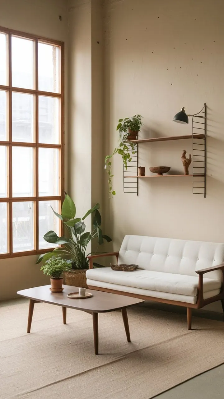 Bathed in sunlight, this minimalist living room harmoniously blends serene simplicity with inviting warmth through its wooden furniture and thoughtfully placed plants.