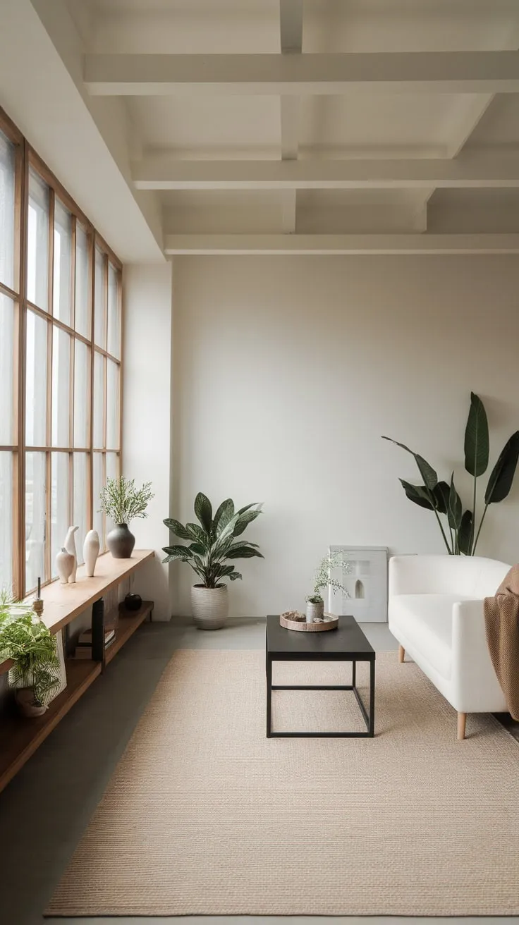 Clean lines and natural light define this minimalist apartment's serene living space