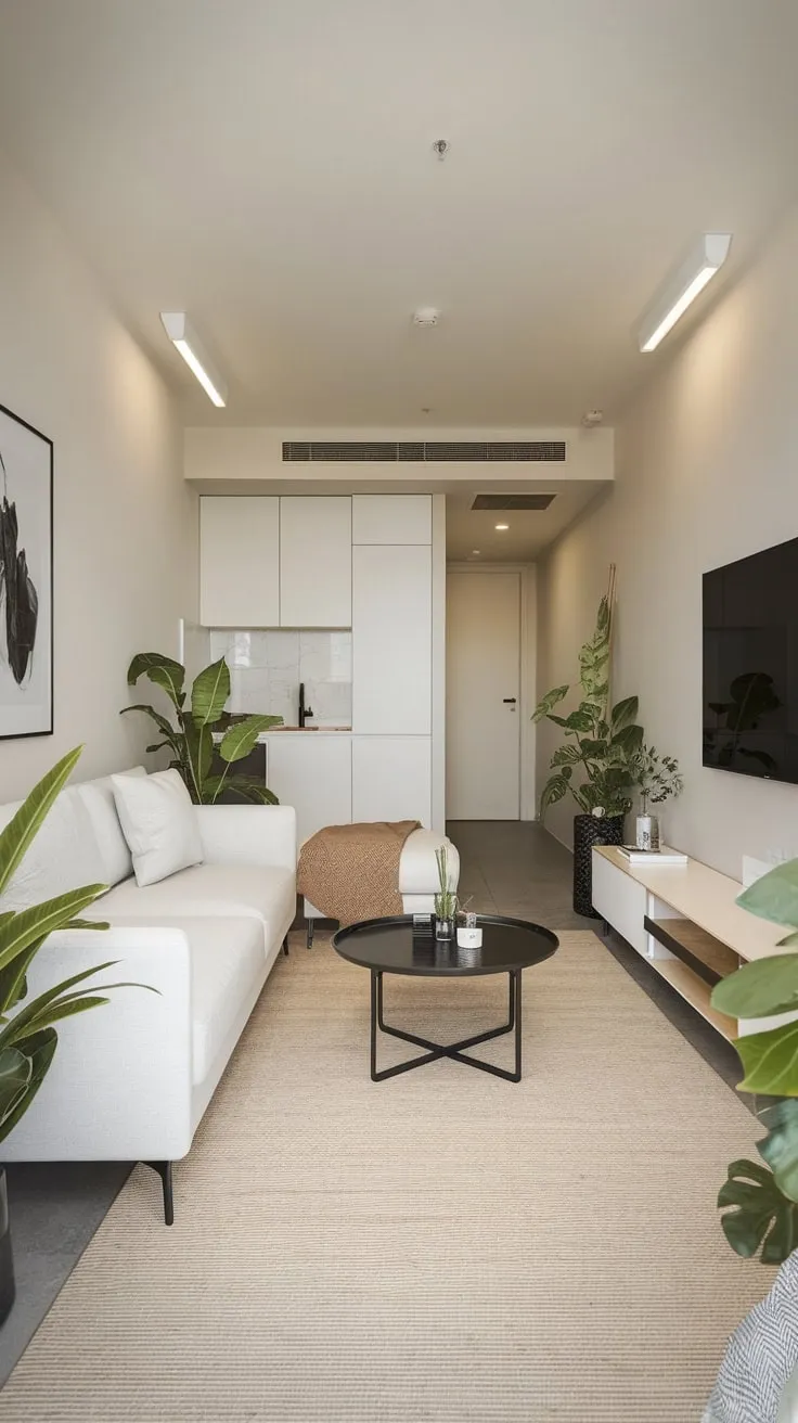 Clean lines and a neutral color scheme define this minimalist apartment's modern living space, creating a calm and inviting atmosphere.
