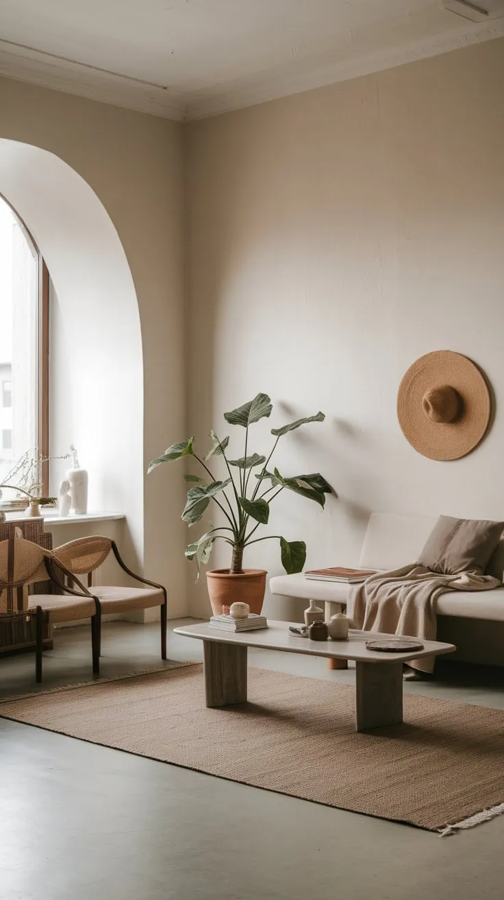 A serene minimalist apartment boasts a neutral living room with carefully chosen furniture and organic accents, creating a modern haven.