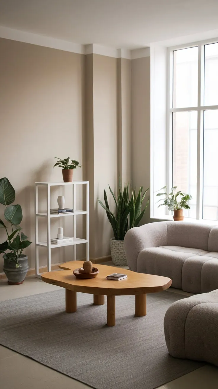 Neutral tones and clean lines define this calming one-bedroom apartment's modern living space.