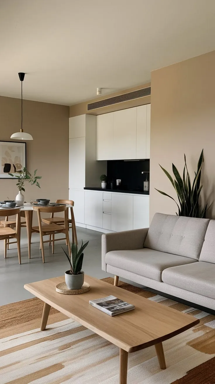 A beige-walled apartment showcases minimalist design with a gray sofa, wooden dining set, and sleek white kitchen, all unified by a neutral color palette.