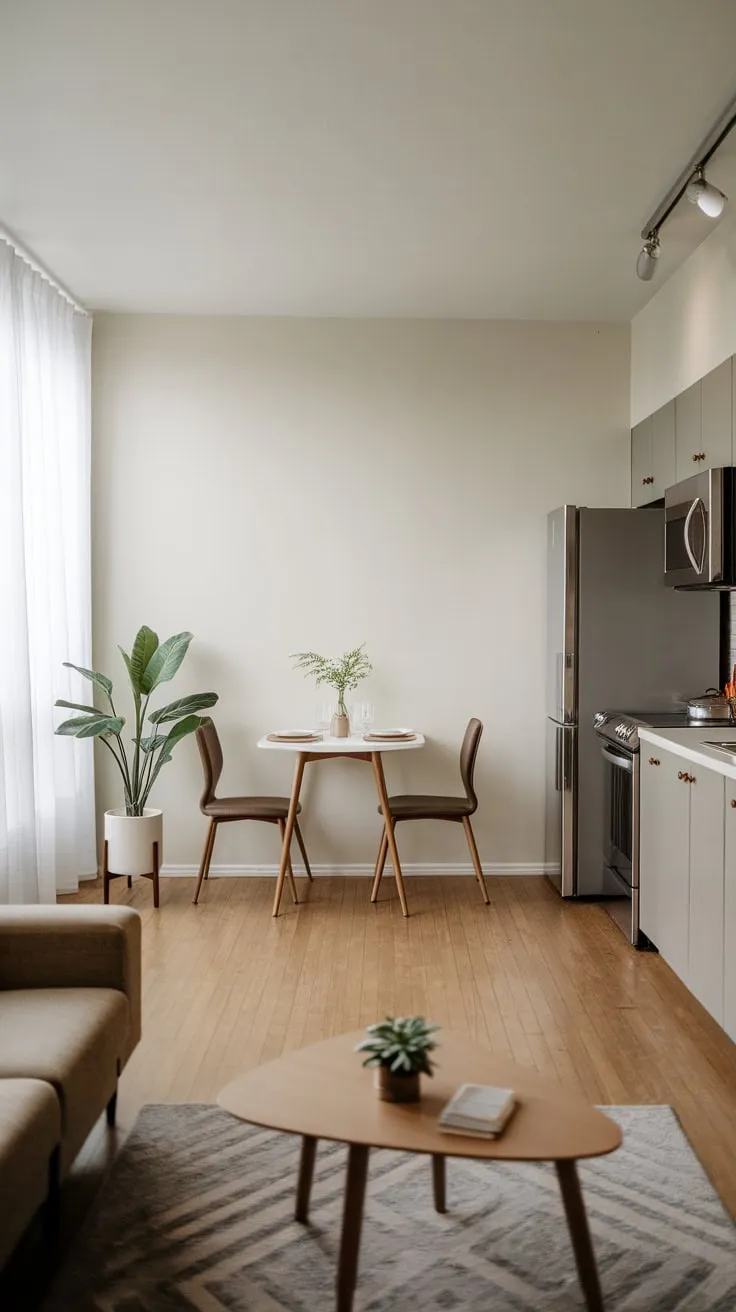 A bright, airy one-bedroom apartment showcases minimalist living with a functional kitchen, dining area, and cozy living space.
