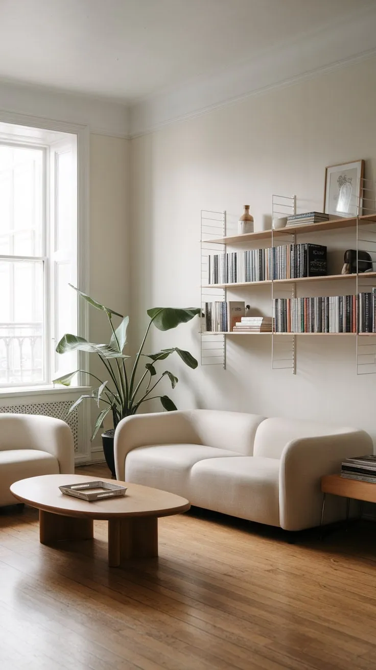 Organic modern furniture and a large plant accent a serene, neutral-toned minimalist apartment.