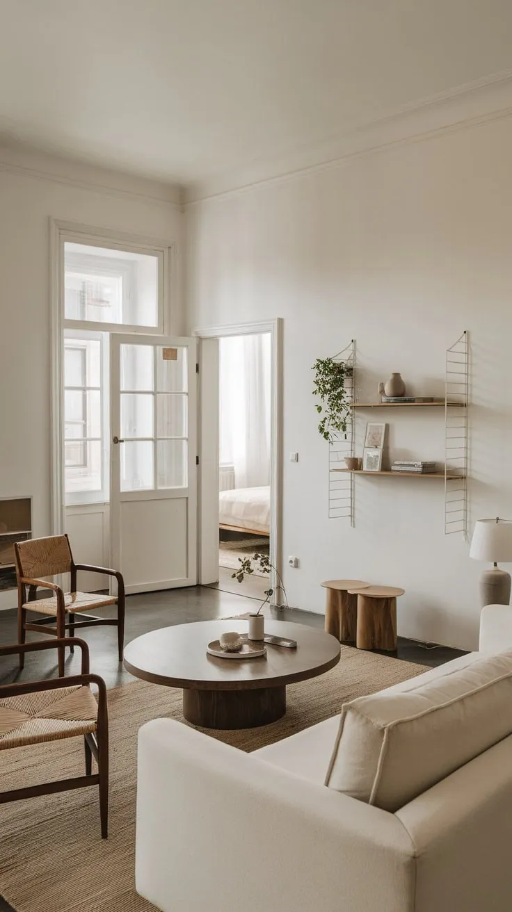 A minimalist apartment's airy white space is punctuated by natural wood and a few well-placed accents.