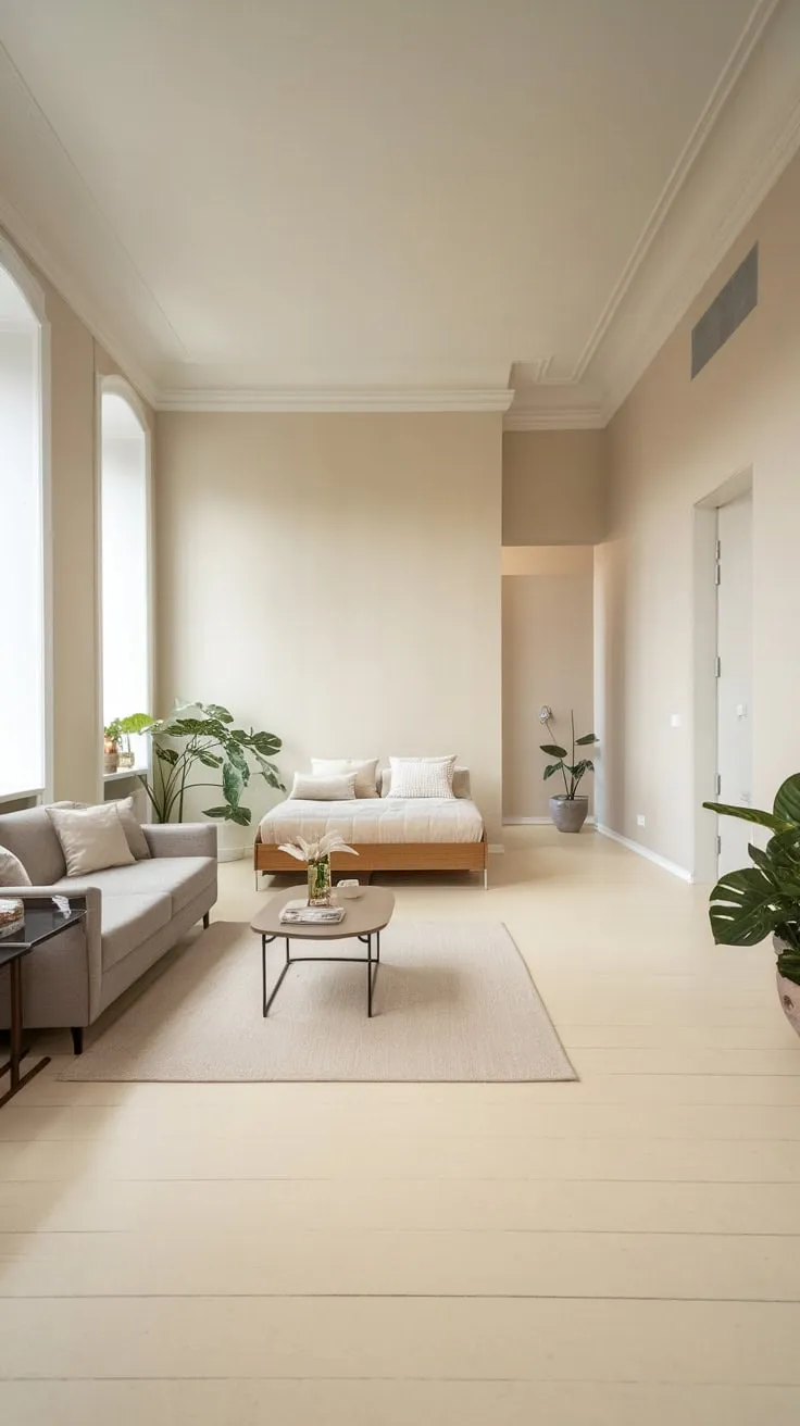 Large windows illuminate a calm, neutral-toned space featuring essential furniture and a touch of greenery in this minimalist apartment.