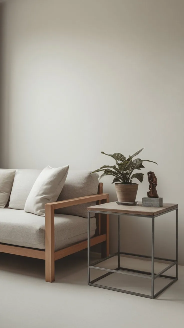 Neutral tones and carefully chosen pieces create a serene minimalist haven in this one-bedroom apartment