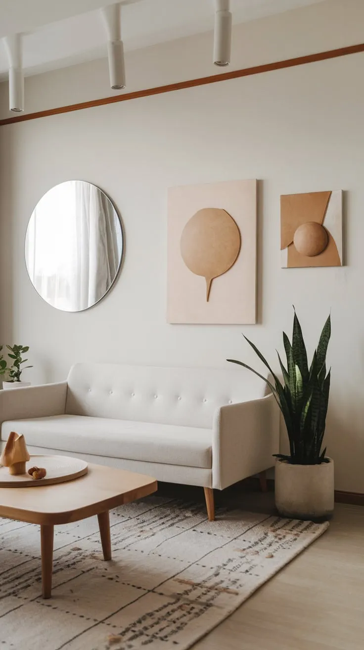 A serene minimalist apartment boasts a neutral palette, clean lines, and organic modern accents in its small yet stylish living room.
