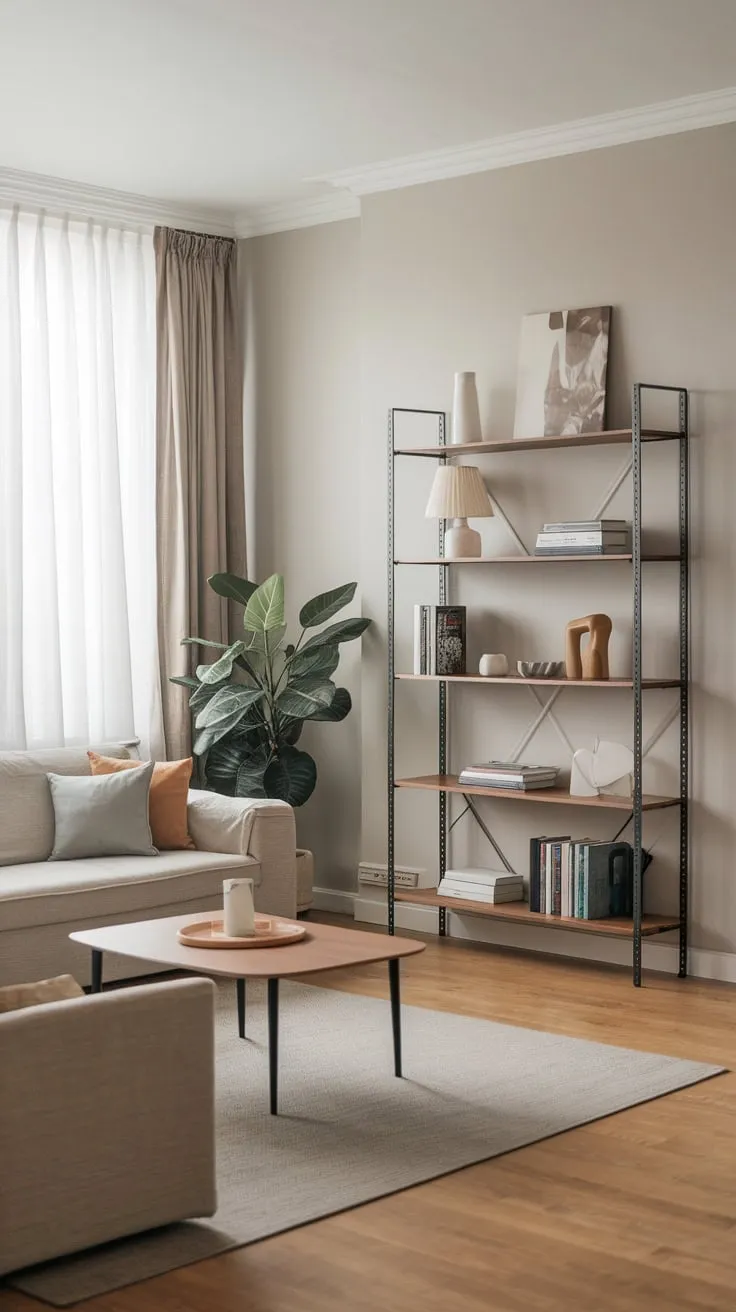 A calming neutral palette and carefully curated furnishings define the minimalist aesthetic of this one-bedroom apartment's living room.