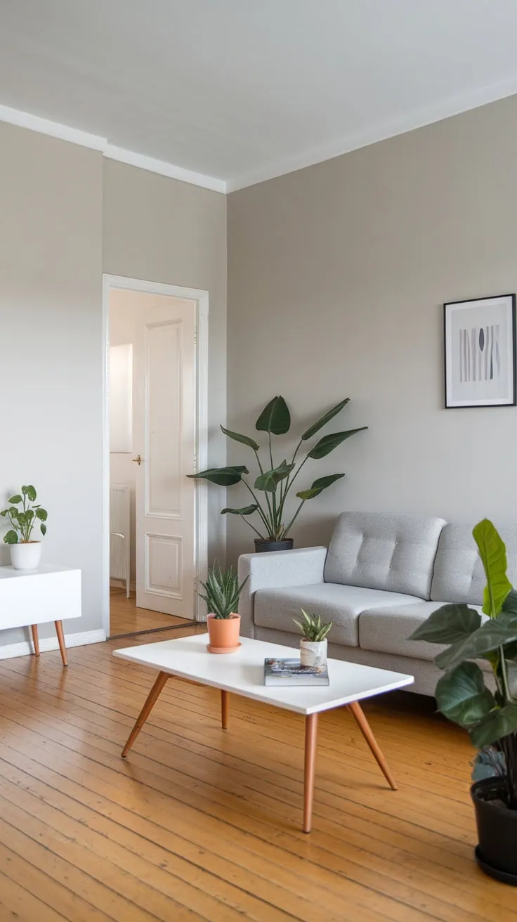 A light grey palette, wooden floors, and sparse decor create a peaceful minimalist apartment.