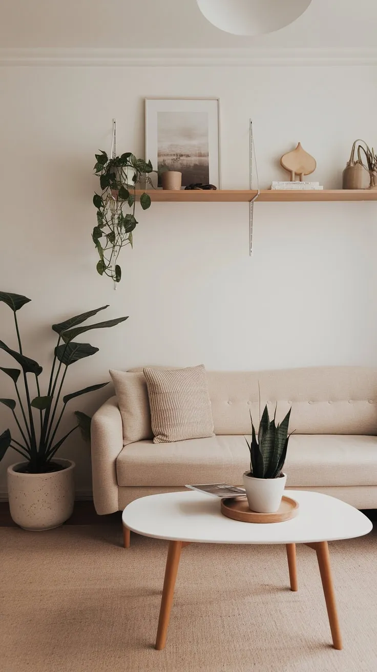 Neutral tones and sparse furnishings create a serene minimalist haven in this one-bedroom apartment's living room