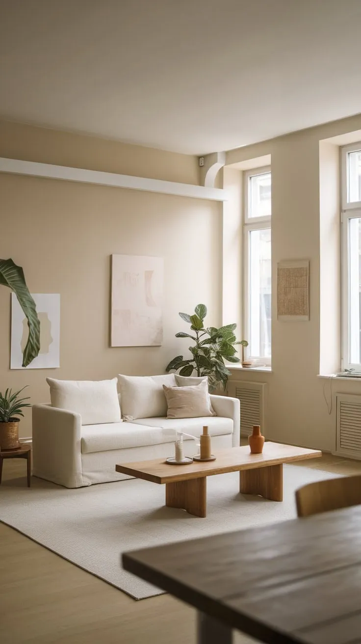 A light-filled, beige-walled apartment boasts a minimalist living room with natural wood and organic accents.