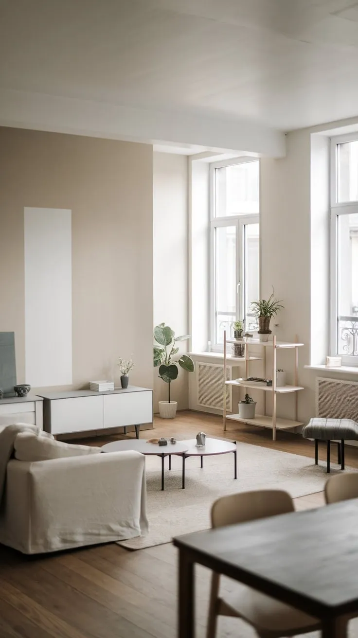 Sunlight floods a serene minimalist apartment, showcasing a sparsely furnished living room with a neutral palette and hardwood floors