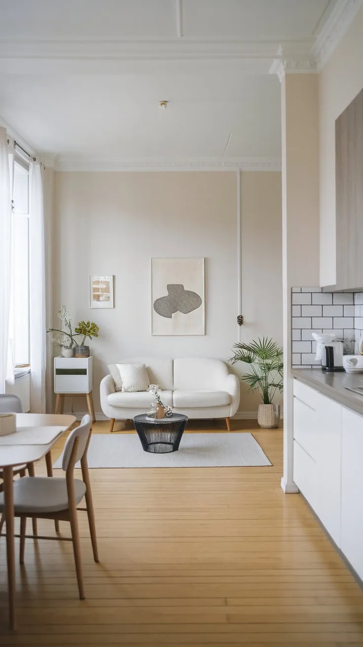 Clean lines and a neutral palette define this minimalist one-bedroom apartment, showcasing simple elegance in a small space