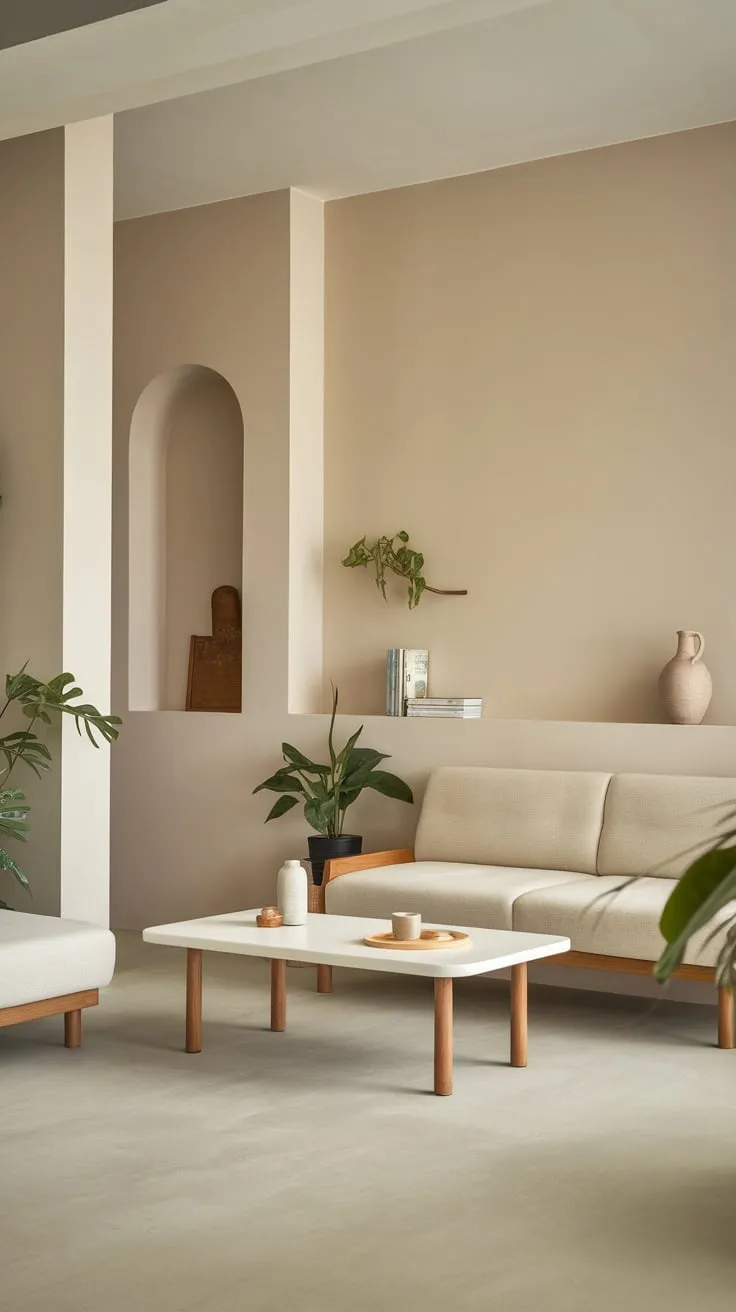 A light-filled, minimalist one-bedroom apartment showcases a calming neutral palette and carefully curated organic modern pieces.