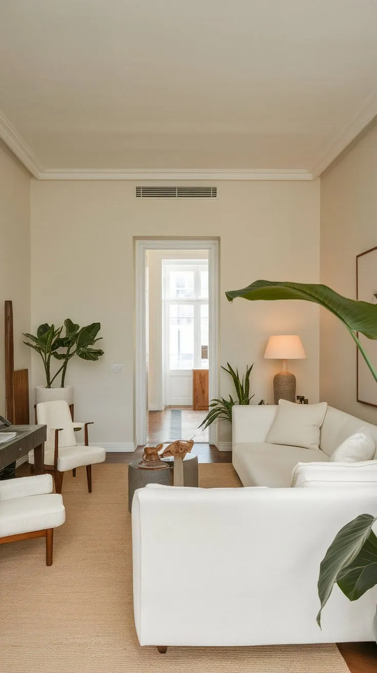 A bright, airy apartment showcases the beauty of less with a white sofa and carefully chosen wooden accents.