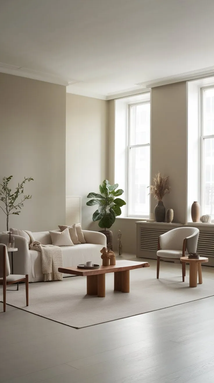 A light-filled minimalist one-bedroom apartment showcases a modern design with natural wood and subtle décor.