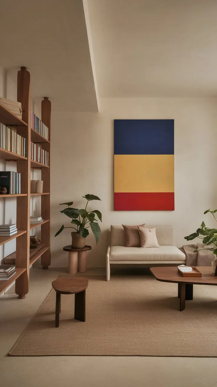 Neutral tones and a few carefully chosen pieces create a serene minimalist one-bedroom apartment.
