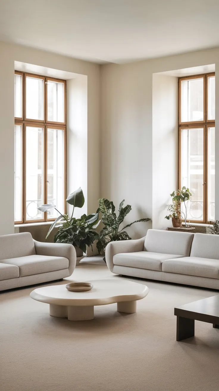 Natural light floods a serene minimalist apartment featuring a neutral palette and organic shapes.