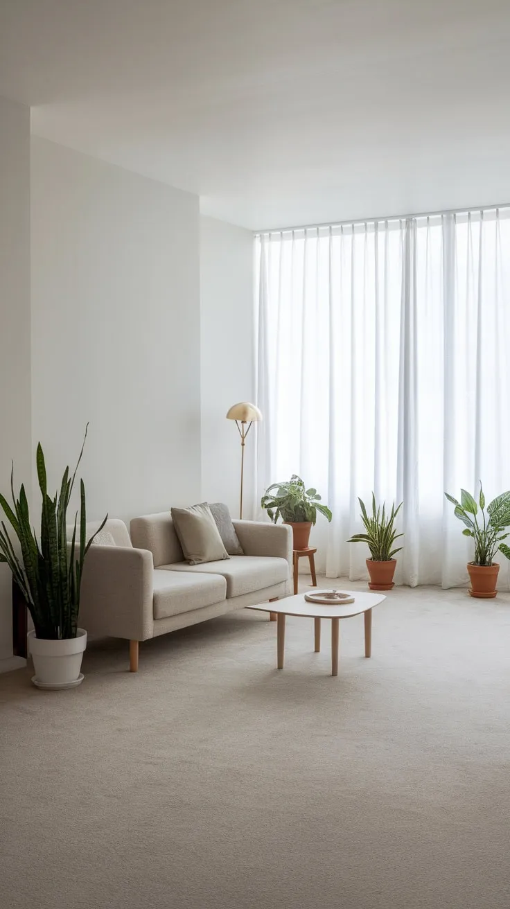 Clean lines and a neutral palette define this minimalist one-bedroom apartment, creating a calm and airy living space.