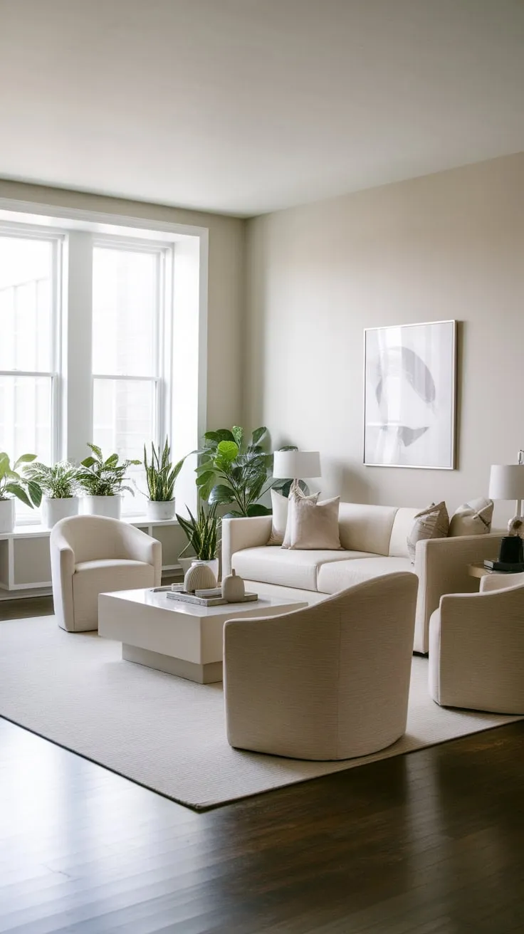 A calming minimalist one-bedroom apartment features a neutral palette, natural light, and sparse organic decor.