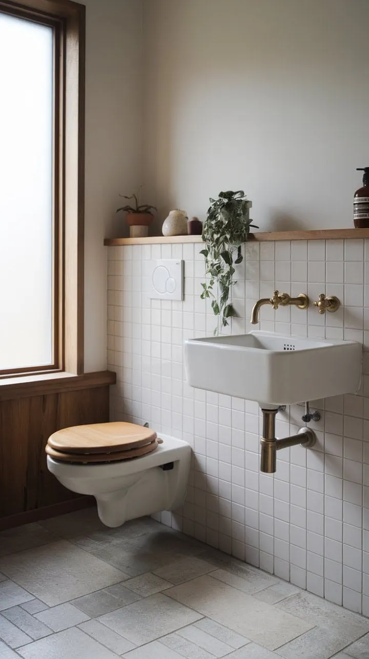 Experience tranquility in a beautifully crafted Japandi bathroom where natural wood and elegant brass harmonize for a restorative retreat.