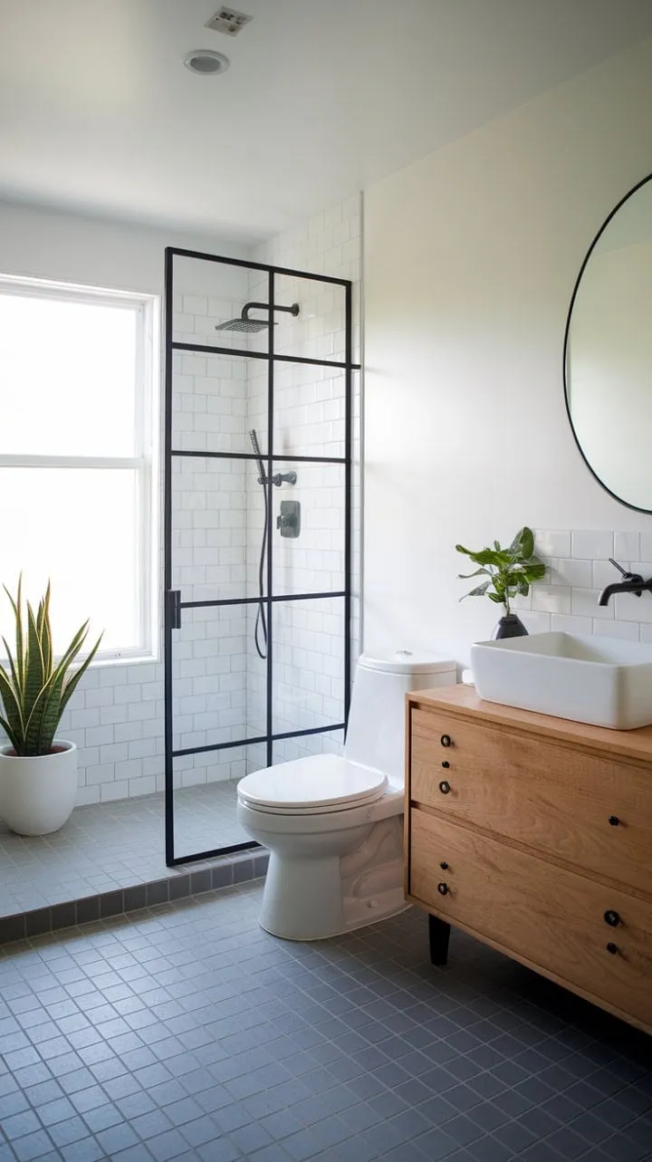 This Japandi-inspired bathroom harmoniously blends minimalist design and calming functionality, featuring clean lines, natural light, and a warm wooden vanity against crisp white fixtures and grey tiles.