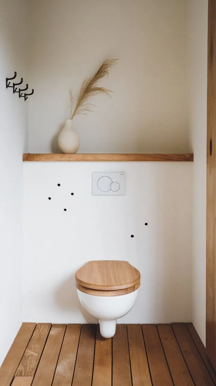 This minimalist bathroom sanctuary blends clean lines and natural materials, creating an inviting and tranquil space that radiates warmth and airy simplicity.