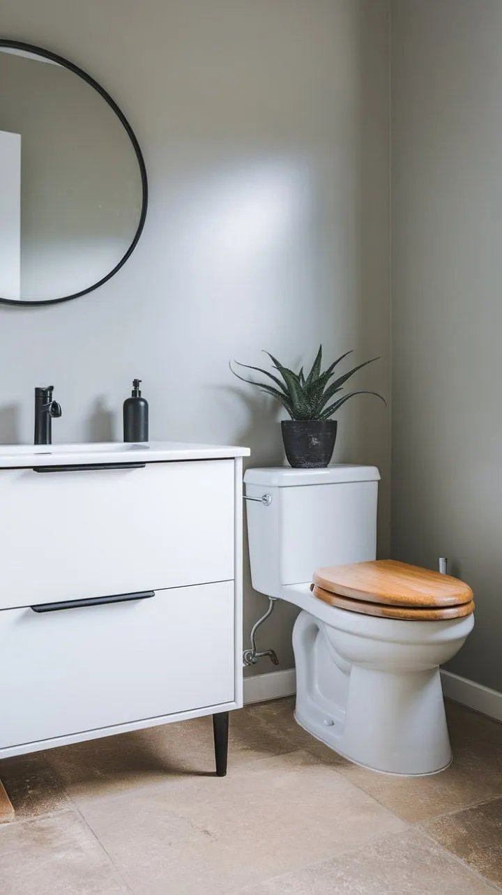 This minimalist Japandi bathroom harmoniously blends sleek elegance with natural warmth, creating a serene sanctuary of understated beauty.