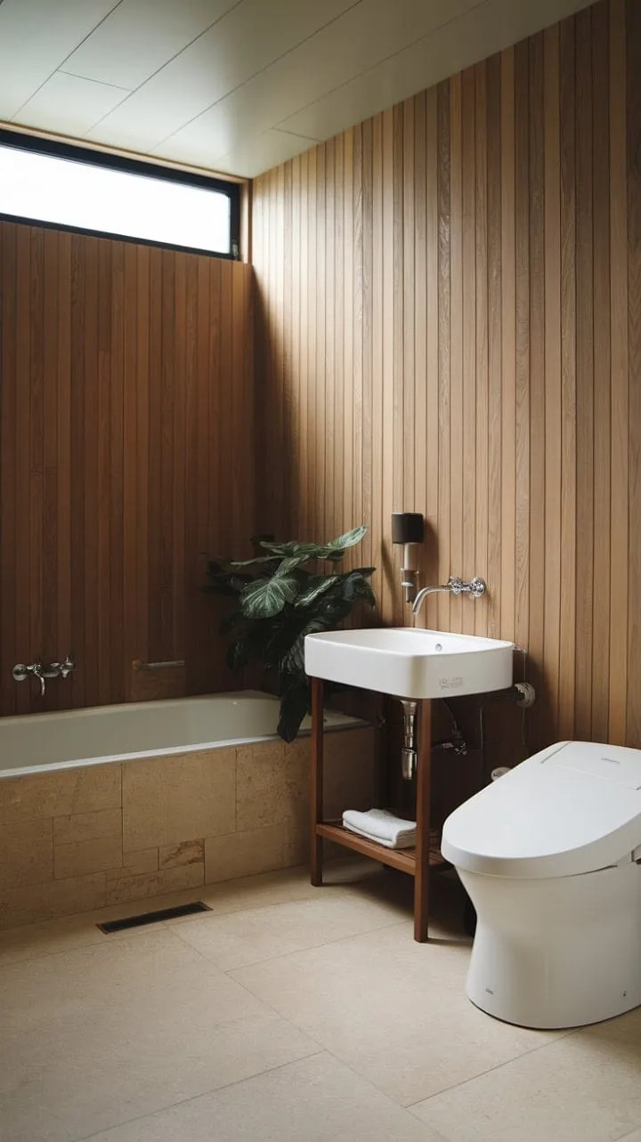 Discover tranquility in this minimalist Japandi bathroom, where natural wood and crisp whites harmonize to create a serene sanctuary.