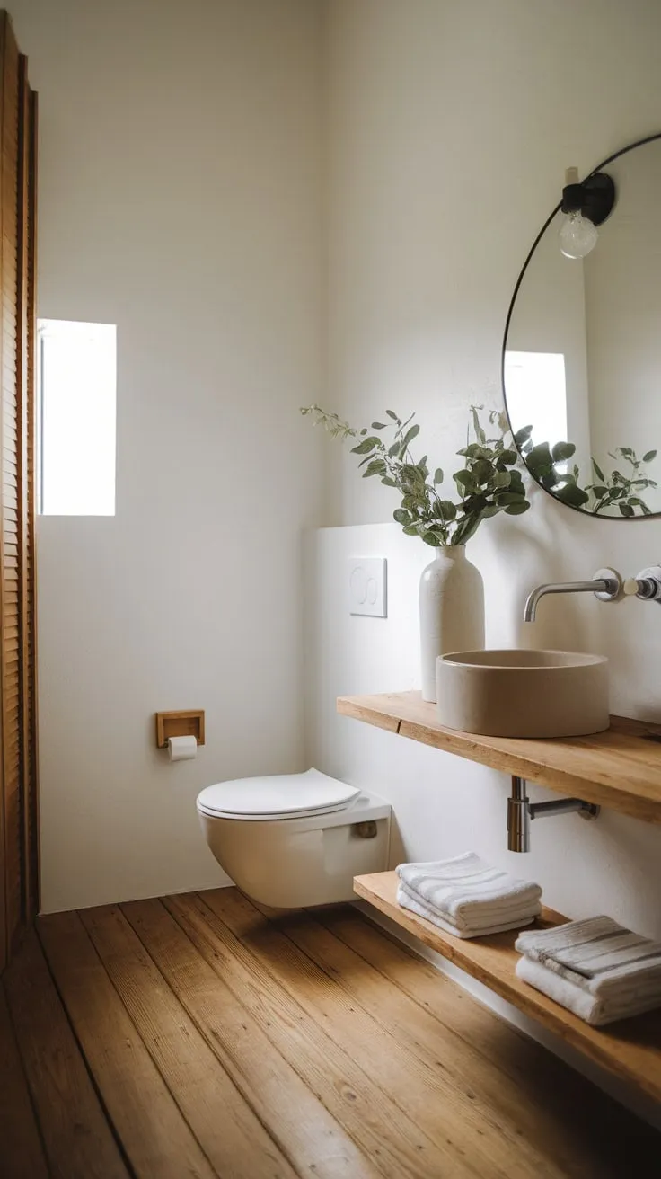 Soft light illuminates a serene Japandi-style bathroom featuring clean white walls, warm wood accents, and a minimalist aesthetic.