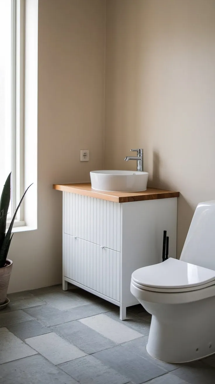 A calming minimalist Japandi bathroom features a white vanity, wooden countertop, and grey tiles, showcasing understated elegance.