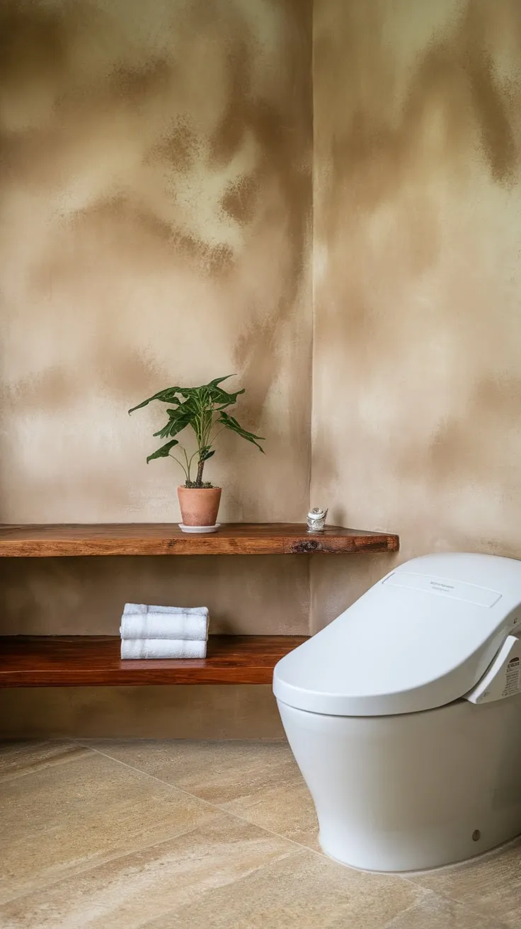 A minimalist Japandi bathroom features a white toilet, wooden shelf with plant, and calming beige walls and tiles.