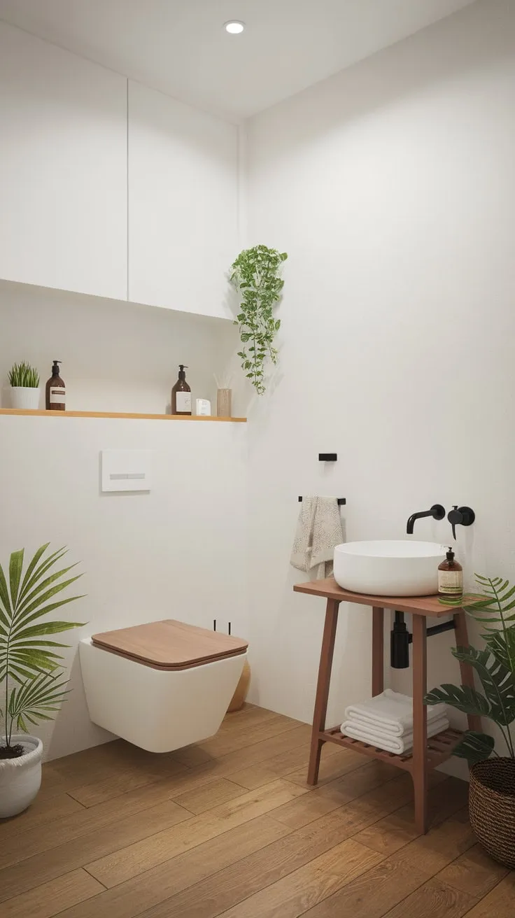 A minimalist white and wood Japandi bathroom offers calm with carefully curated elements and subtle greenery.