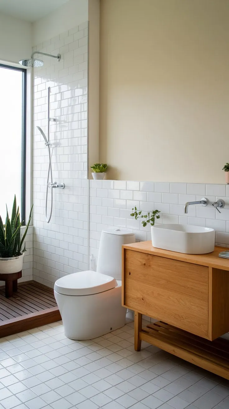 Clean lines and natural wood accents define this serene Japandi-style bathroom.