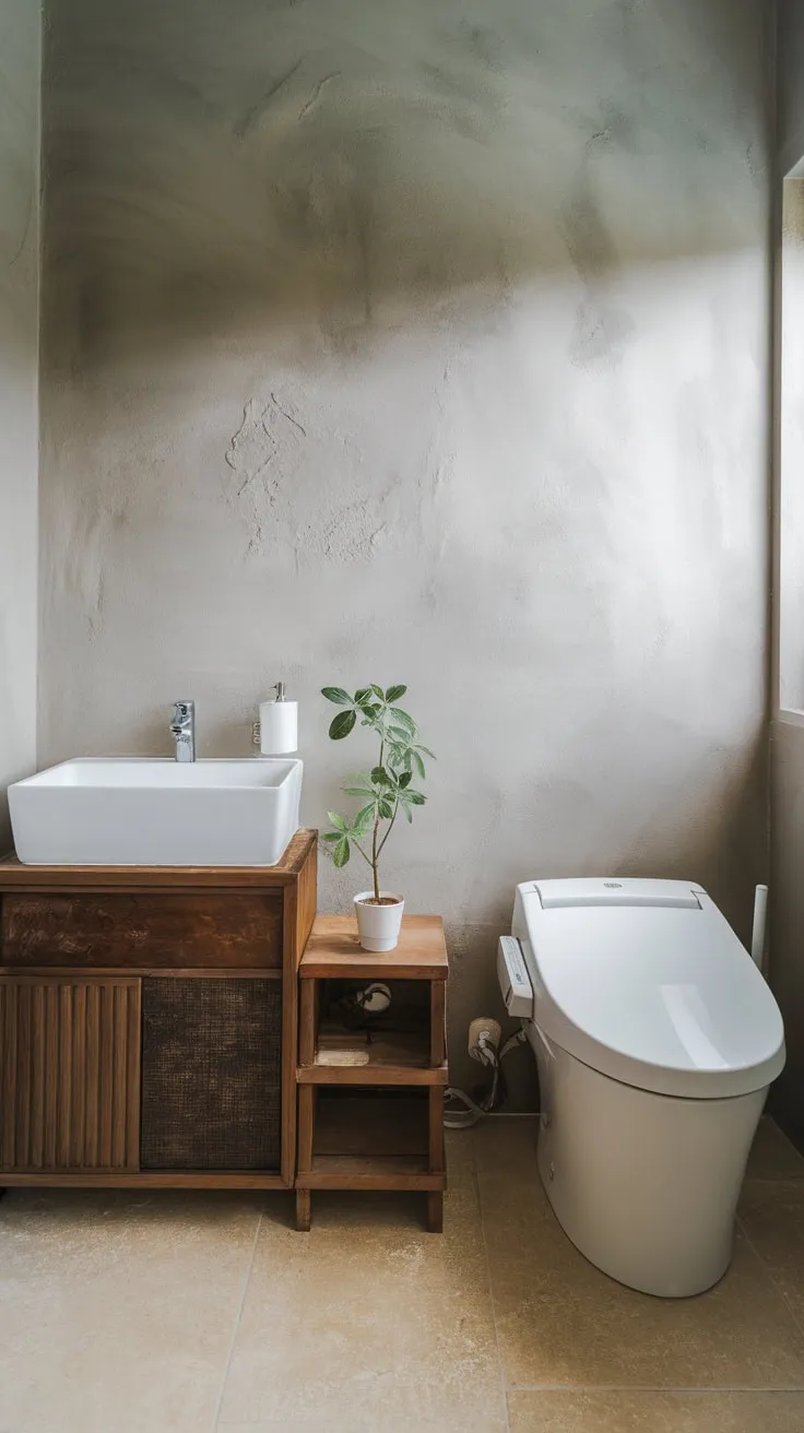 Serene Japandi-inspired bathroom features clean lines, natural wood, and a calming gray palette.
