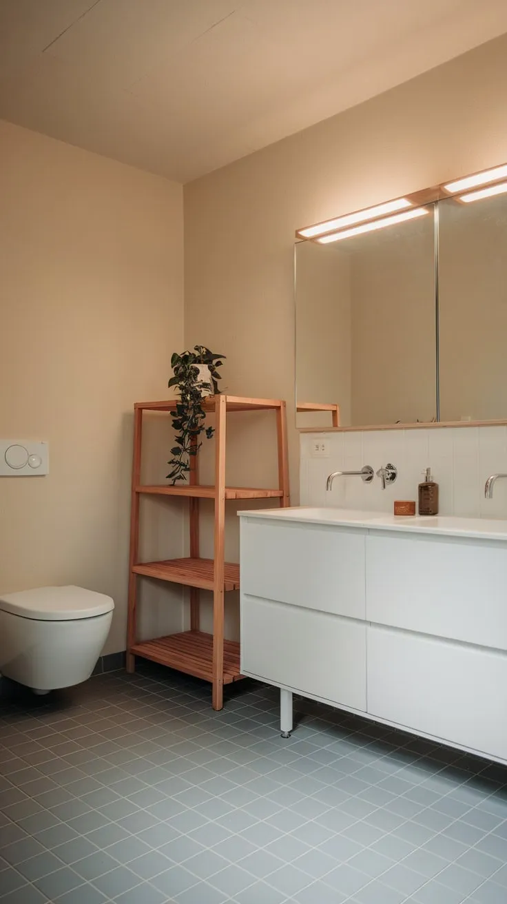 Warm lighting illuminates a serene Japandi bathroom featuring a double white vanity, gray tiling, and a wooden shelf holding a plant.