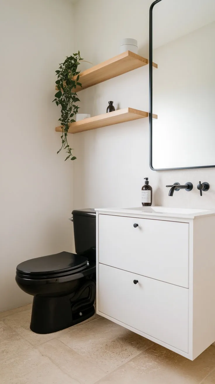 Clean lines and natural elements define this serene Japandi bathroom, featuring a white vanity, black fixtures, and a touch of greenery.
