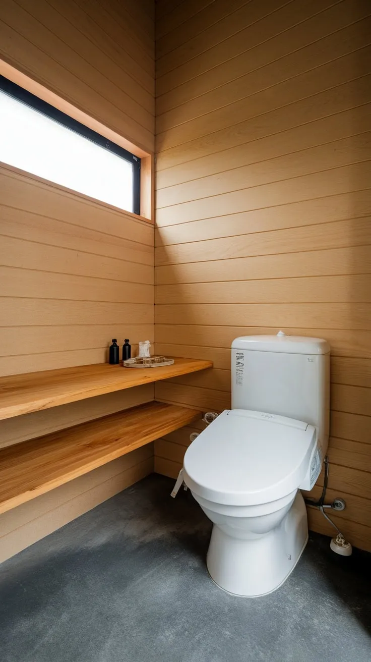 Clean lines and natural wood accents define this serene Japandi-style bathroom.