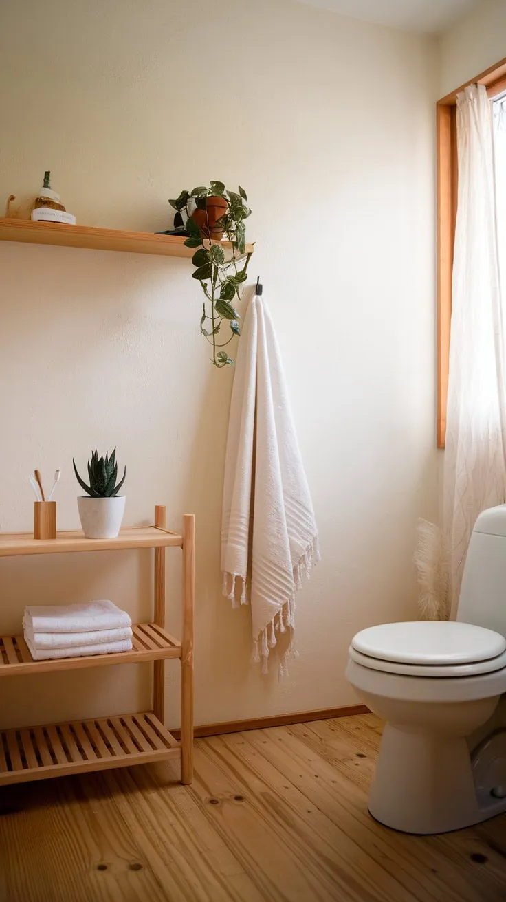 A minimalist Japandi bathroom showcases natural wood and soft whites, creating a tranquil space highlighted by a simple toilet and a few carefully chosen elements.