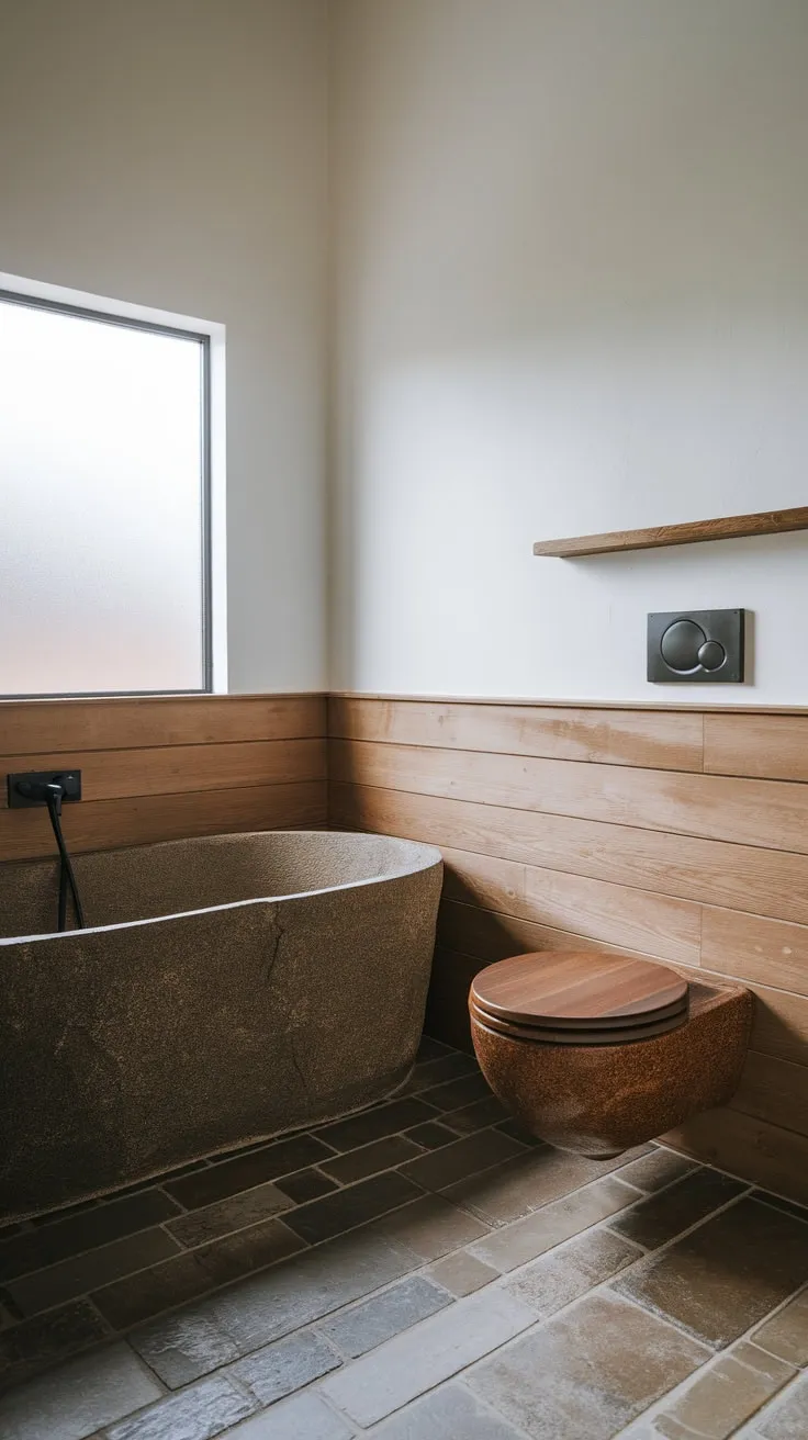 Natural stone, wood, and clean lines create a tranquil minimalist Japandi bathroom with a deep soaking tub and wall-mounted toilet.